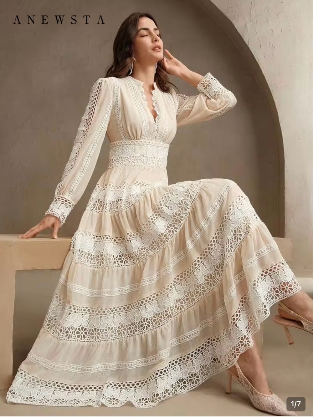 Cream Lace Long-Sleeve Maxi Dress